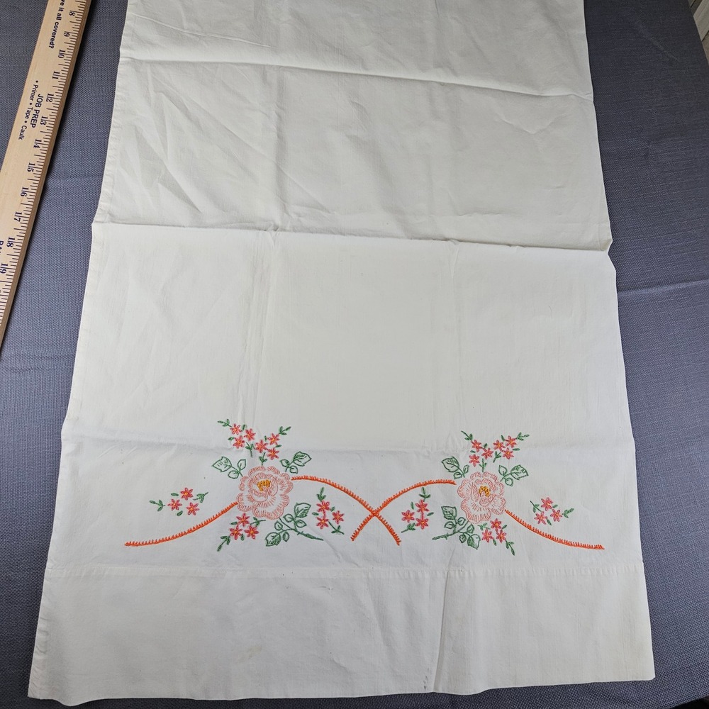 Vintage Pennys Floral Embroidered Pillowcase Standard Size Cottagecore